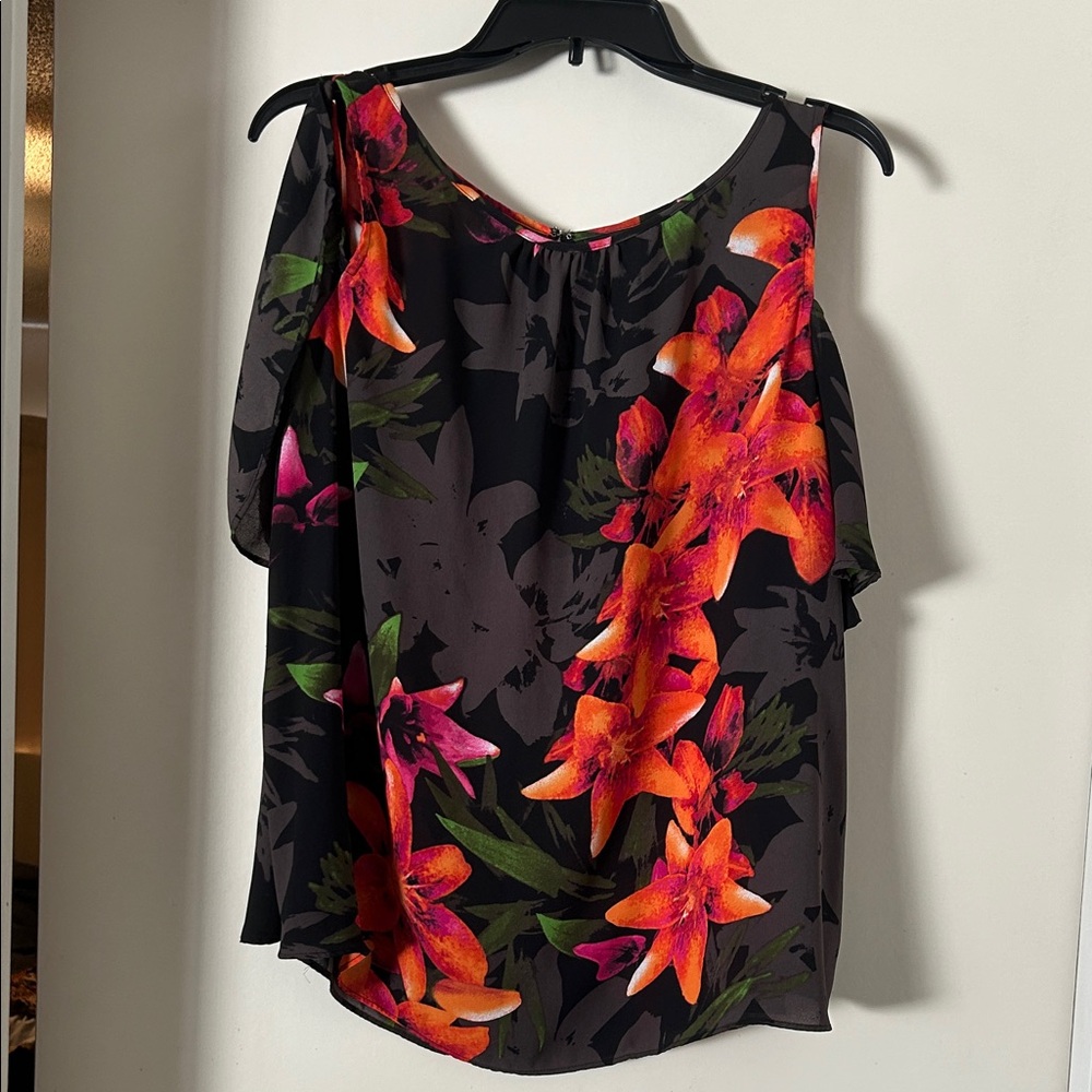 Worthington Black Floral Blouse with Orange and Pink Accents